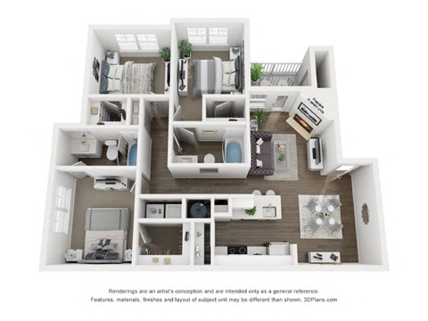 Floor plan for 3 beds, 2 baths, 1264 sqft